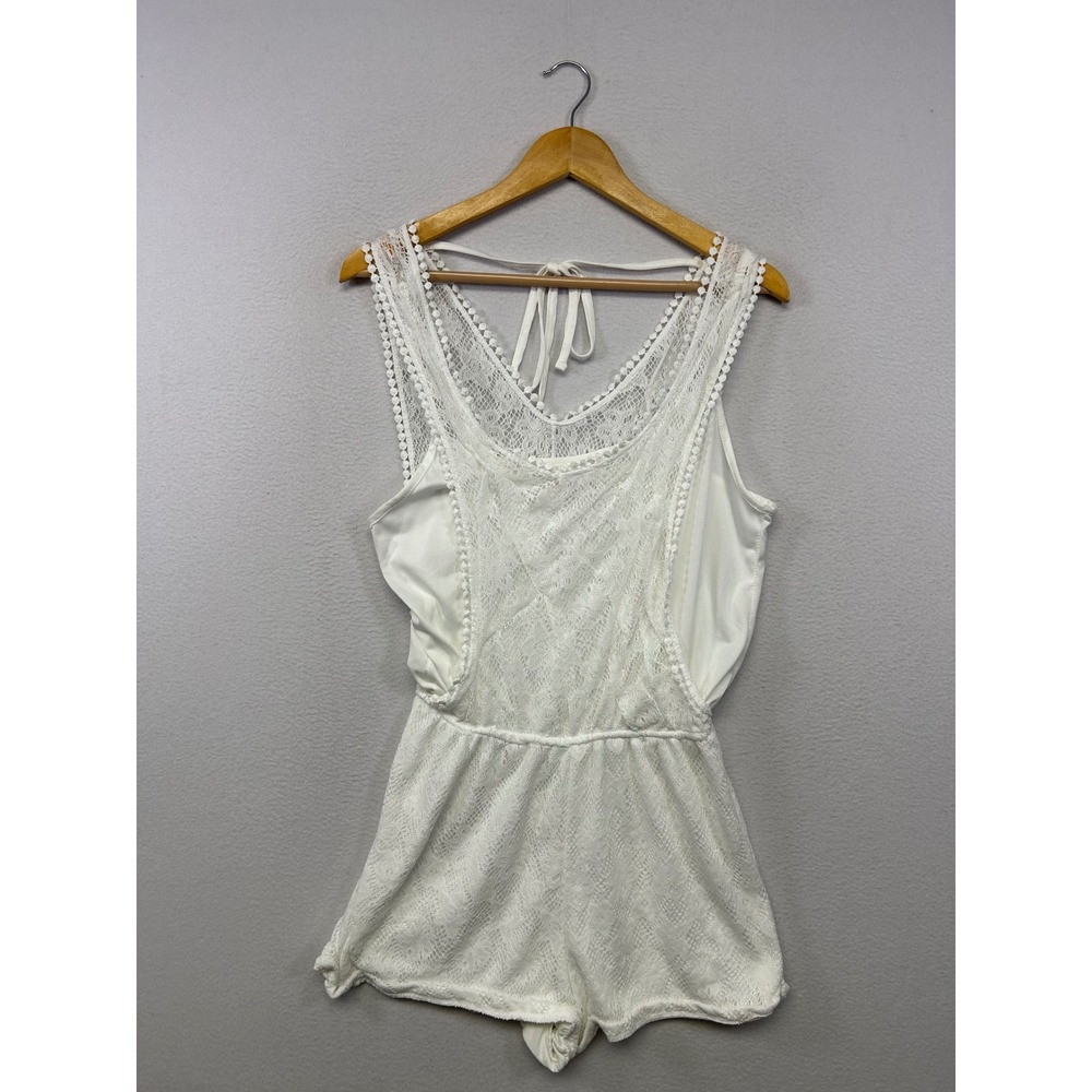Boho Lace Lemon Kiss Girls Size Large White Pom Pom Trim Tie Back Romper